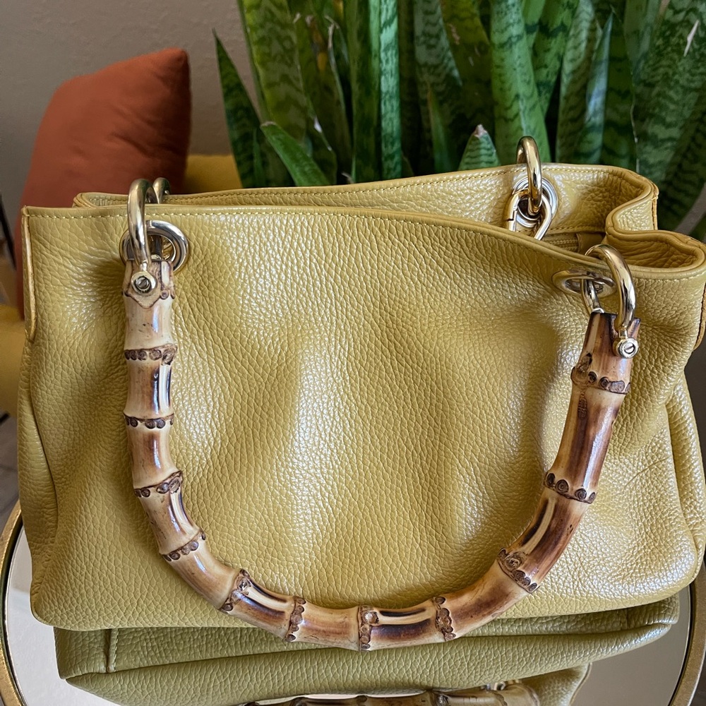 Florentine Leather Mustard Handbag With Bamboo Handles